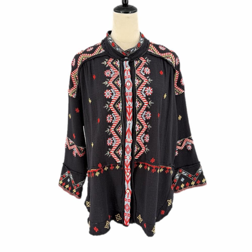 Kyla Seo 100% Cotton Black Embroidered Button Up Boho Chic Western Blouse Top